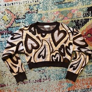 Altar'd State Woman’s Beige Brown Retro Hearts Knit Short Sweater Sz S